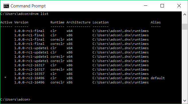 Résultat ligne de commande dnvm list